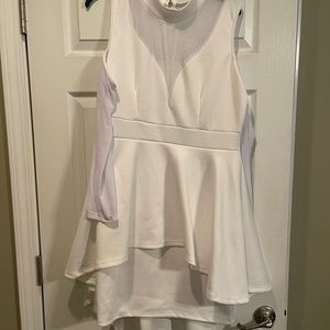 White peplum hi-low dress. Great for bachelorette or holiday party!